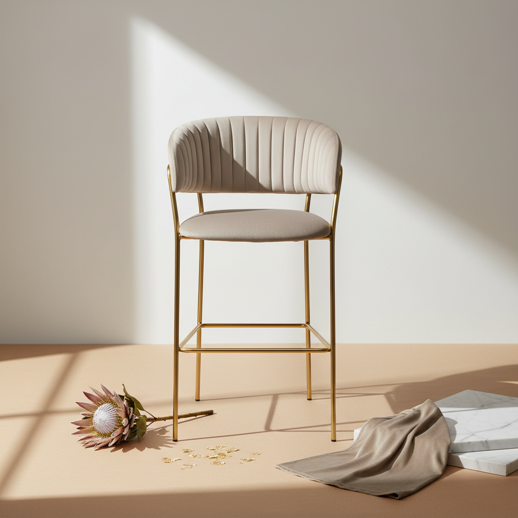 Taupe Velvet Channel-Tufted Bar Stool with Gold Metal Frame and Integrated Footrest.